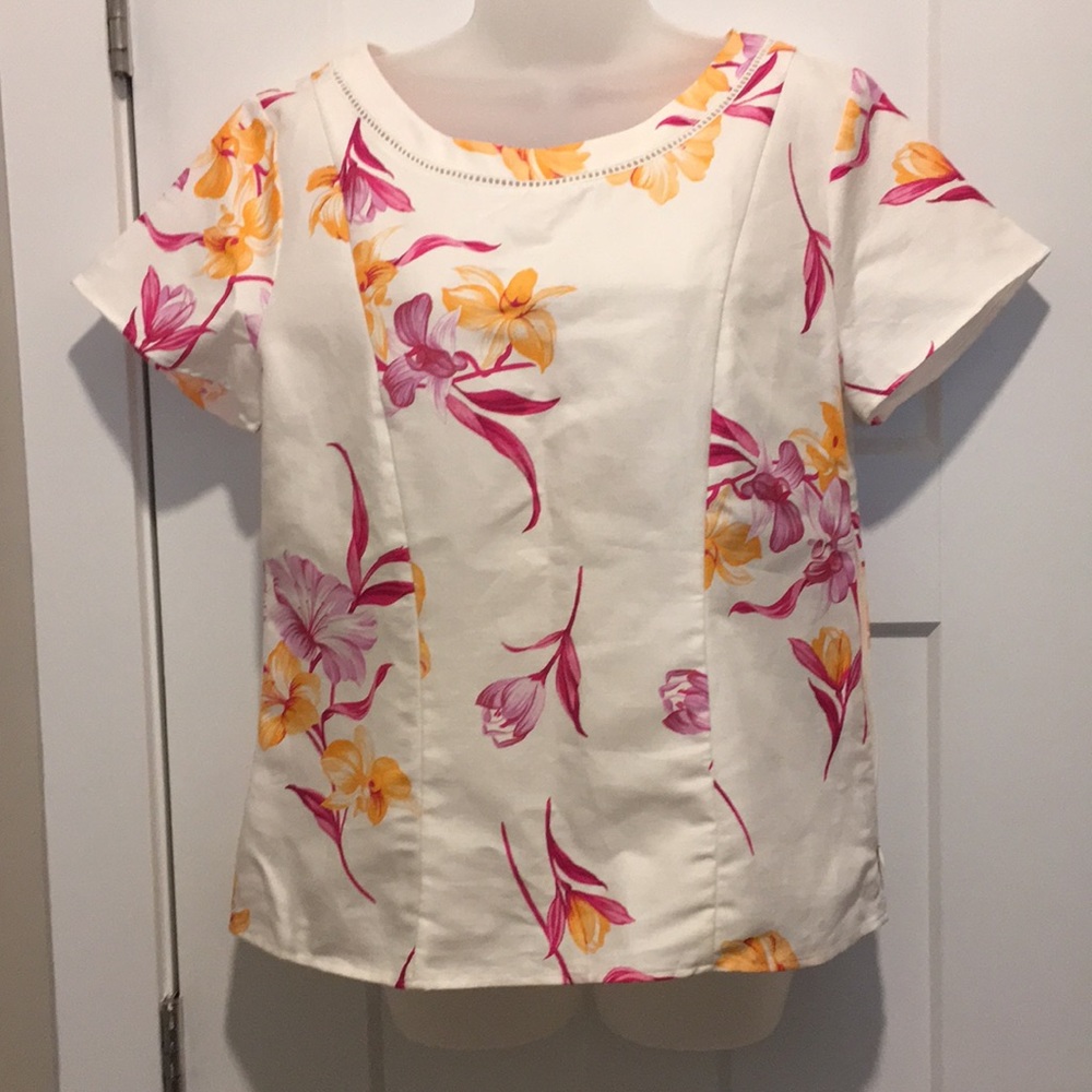 Floral Short Sleeve Top,size-8,Linen/Cotton